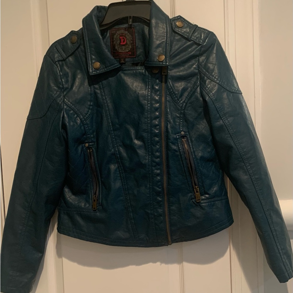 Teal Green Blue leather jacket size large fits a medium better